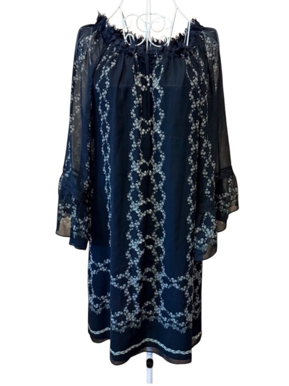 Max Studio Sheer Chiffon Shift Dress Black Scroll Print Lace Trim Long Sleeve M